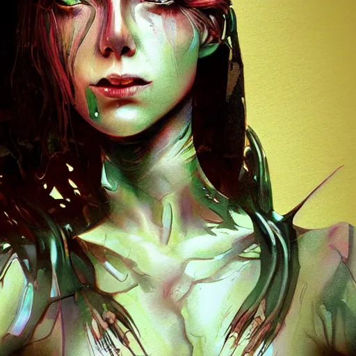 Image similar to woman portrait made out of water color paint, beautiful, cyborg, octane render, tim burton comic book art