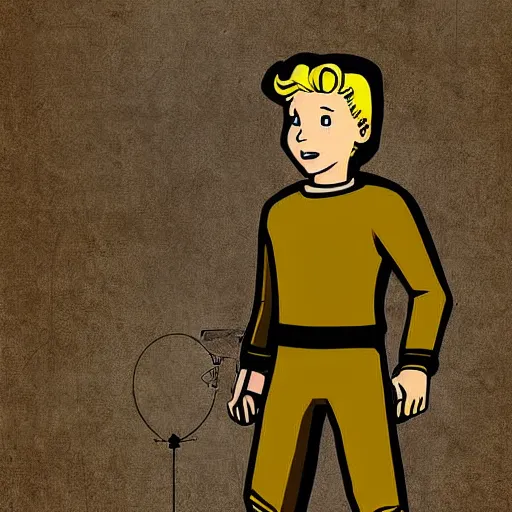 Image similar to digital art cold war poster of vault boy from fallout 3 game,