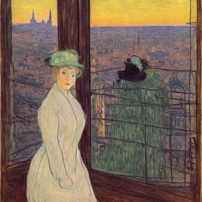 Image similar to woman in green dress with city with cathedral seen from a window frame at sunset. fuzzy white cat. monet, henri de toulouse - lautrec, utamaro, matisse, felix vallotton