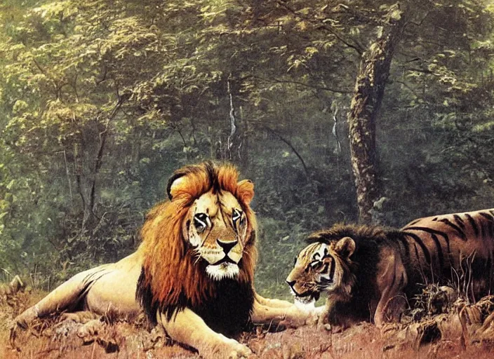 Prompt: a lion and a tiger in a forest by frank frazetta