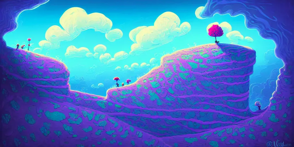 Image similar to curled perspective digital art of curly clouds cobblestone street with wildflowers to a cliff in top of a deep blue see by anton fadeev from nightmare before christmas