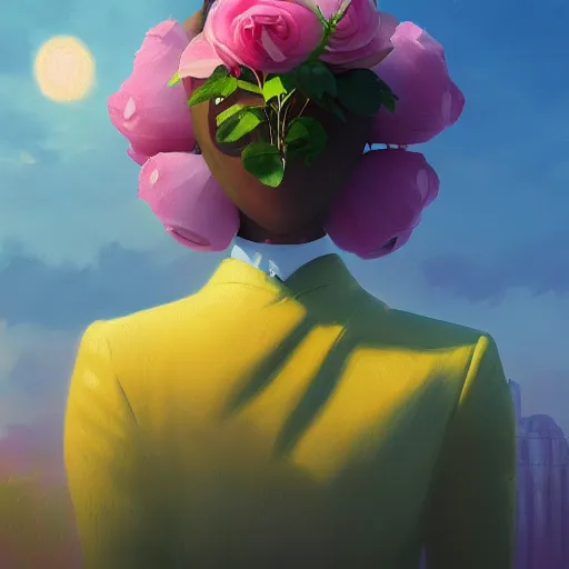 Prompt: closeup, giant rose flower as a head, frontal, girl in a suit, surreal photography, sunrise, dramatic light, impressionist painting, digital painting, artstation, simon stalenhag