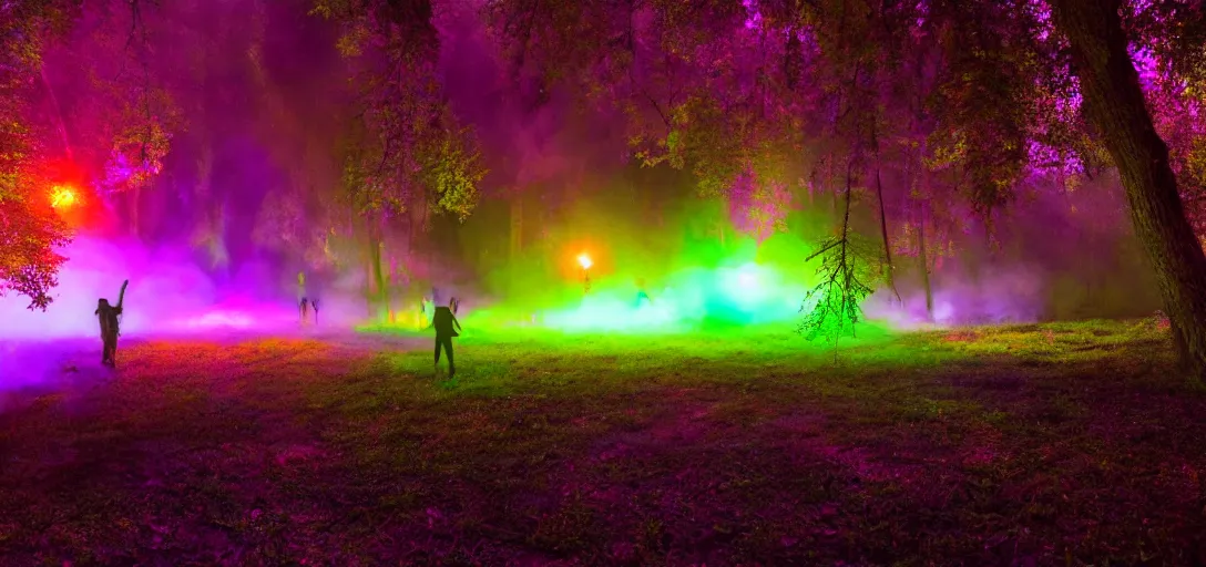 Prompt: rave party in the woods behind a farm, uhd, smoke, colorful, night, 8k, photo,