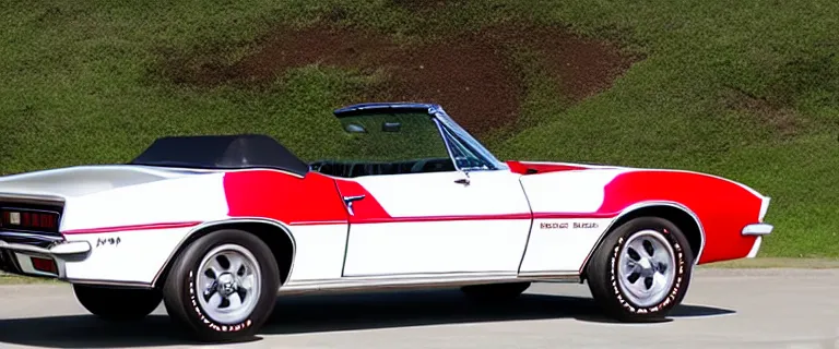 Prompt: Ermine White Chevrolet Camaro Z/28 Convertible (1967), red interior, soft top, created by Barclay Shaw