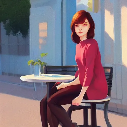 Prompt: girl sitting in french cafe outside in the morning, art, painting, artstation, by ilya kuvshinov, by artgerm