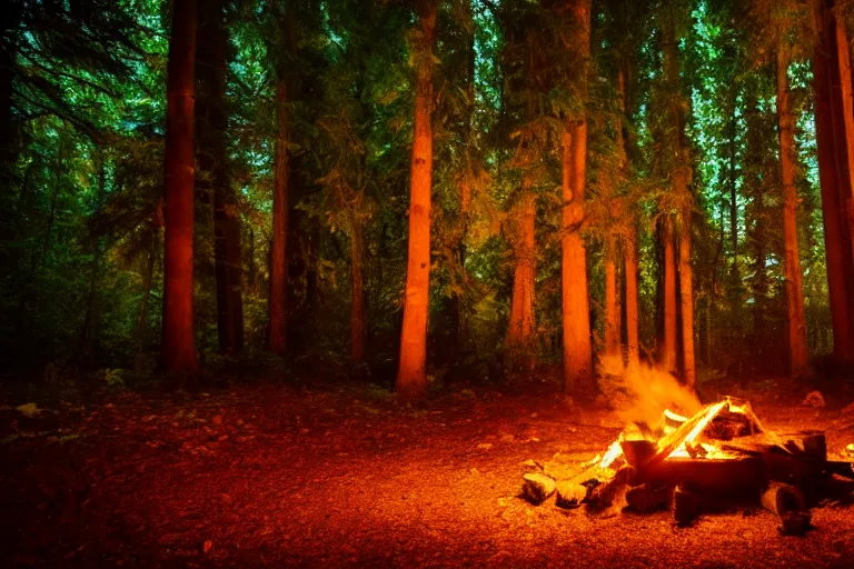 Prompt: campfire, night in a dark forest, cinematic lighting, low angle photography, wide shot, hyperrealistic, 8k