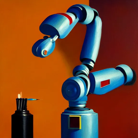 Image similar to beautiful illustration of a robotic arm painting an artwork on a canvas with a paintbrush by Edward Hopper, clean lines, very detailed, colorful octane render