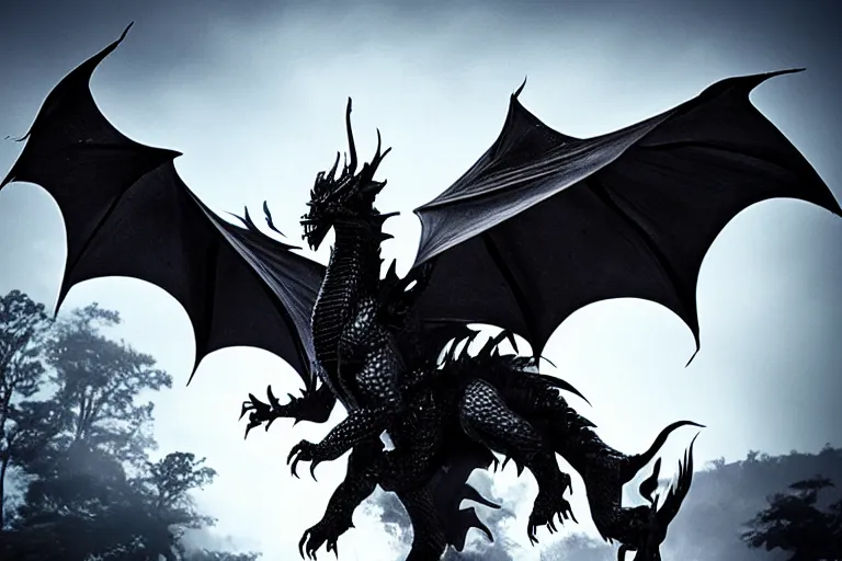 Image similar to A fantasy black dragon, dramatic