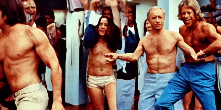 Prompt: 7 0 s film still of shirtless joe biden and shirtless putin dancing gangnam style, photorealism, cinecolor, kodachrome