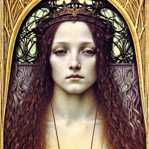 Image similar to detailed realistic beautiful young medieval queen face portrait by jean delville, gustave dore and marco mazzoni, art nouveau, symbolist, visionary, gothic, pre - raphaelite. horizontal symmetry