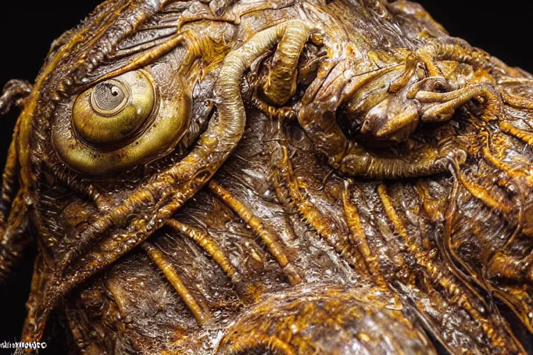 Image similar to photo taken of an epic intricate, ultra detailed, super realistic sculpture of a wet, slimy, nightmarish hellish demonic trilobite creature on display in a workshop, created by weta workshop, zoomed in shots, photorealistic, sharp focus, f 0. 4, face centred, macro photography, golden ratio, kodachrome