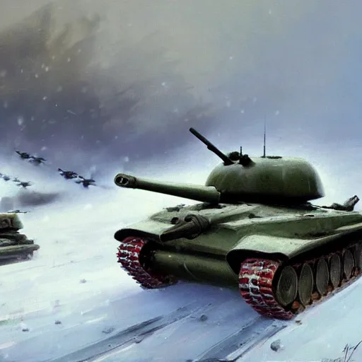 Prompt: greg manchess painting of a tank fight in the world war two in winter with a heavy snow storm, painting, trending on artstation, by huang guangjian and gil elvgren and sachin teng