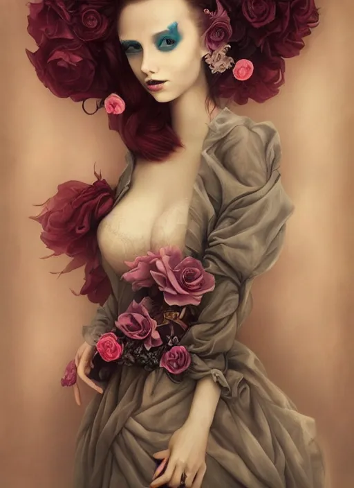 Image similar to pop surrealism, lowbrow art, realistic beautiful seductive girl painting, flowing gown, hyper realism, muted colours, rococo, natalie shau, loreta lux, tom bagshaw, mark ryden, trevor brown style,