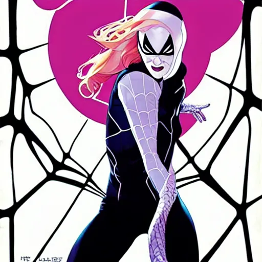 Prompt: Joshua Middleton comic cover art, cinematics lighting, pretty Emma Stone as Spider Gwen symmetrical face, Marvel comics, hanging from white web, playful smirk, city in background