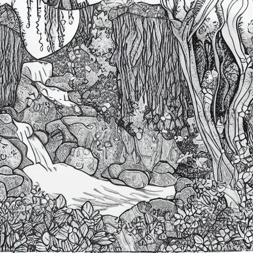 Image similar to an adult coloring page of a waterfall in the enchanted forest, light detail