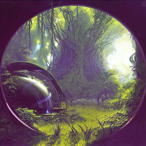 Image similar to portal in a middle of a lush futuristic forest, alien world seen through a portal, syd mead, john harris