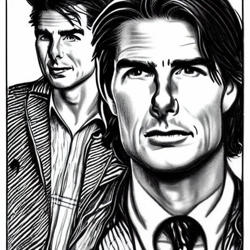 Image similar to a portrait drawing of Tom Cruise drawn by Robert Crumb