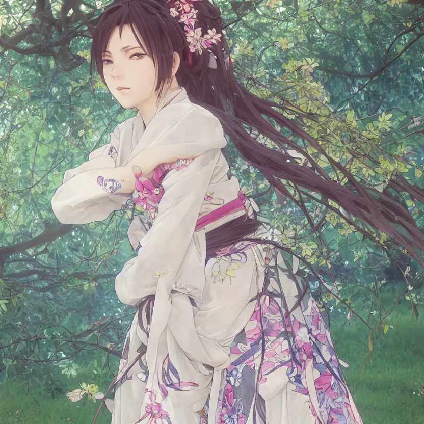 Prompt: portrait of a girl, sakura tree in background, yukata clothing, battlefield in background, anime style, short hair, hair down, symmetrical facial features, from arknights, hyper realistic, 4 k, extreme detail, detailed drawing, trending artstation, realistic lighting, by alphonse mucha, greg rutkowski, sharp focus, backlit