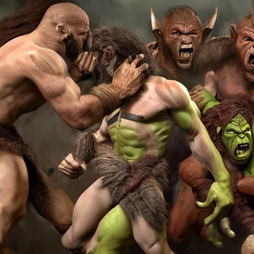 Prompt: justin trudeau in a fighting pit with orcs, fantasy, HD,