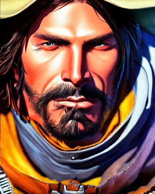 Prompt: mccree from overwatch, in a torn poncho, windy, character portrait, portrait, close up, highly detailed, intricate detail, amazing detail, sharp focus, vintage fantasy art, vintage sci - fi art, radiant light, caustics, by boris vallejo