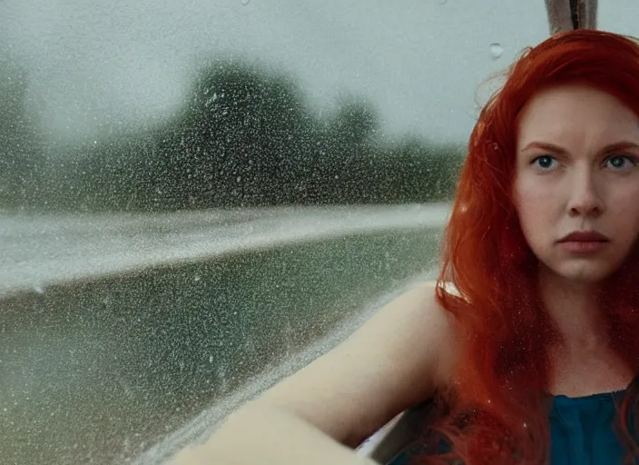 Image similar to A very high resolution image from a new movie, landscape from a car window , teen red hair woman, raining, hot, directed by wes anderson