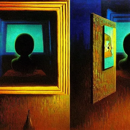 Prompt: A reinforcement learning agent recognizes itself in the mirror- contest-winning artwork by Salvador Dali, Beksiński, Van Gogh and Monet. Stunning lighting