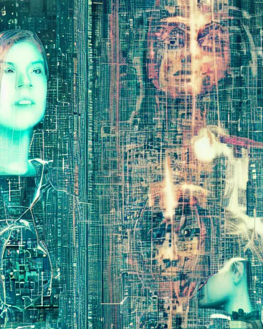 Prompt: technological, different women's faces, cut and paste collage, wires, motherboard, burnt, clean glow, distant future, hypnotized, cold texture, cracked steel, shattered glass, dystopian, serene emotions