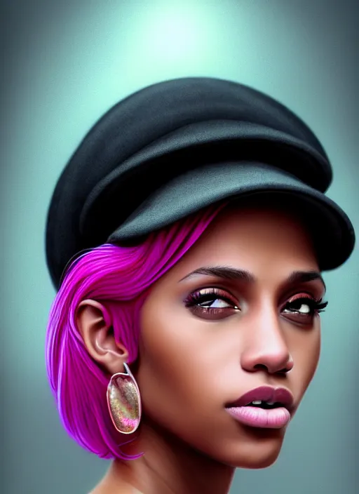 Image similar to portrait of teenage vanessa morgan with bright pink hair, black girl, vanessa morgan, curly pixie cut hair, wearing newsboy cap, newsboy cap, hoop earrings, intricate, elegant, glowing lights, highly detailed, digital painting, artstation, concept art, smooth, sharp focus, illustration, art by wlop, mars ravelo and greg rutkowski