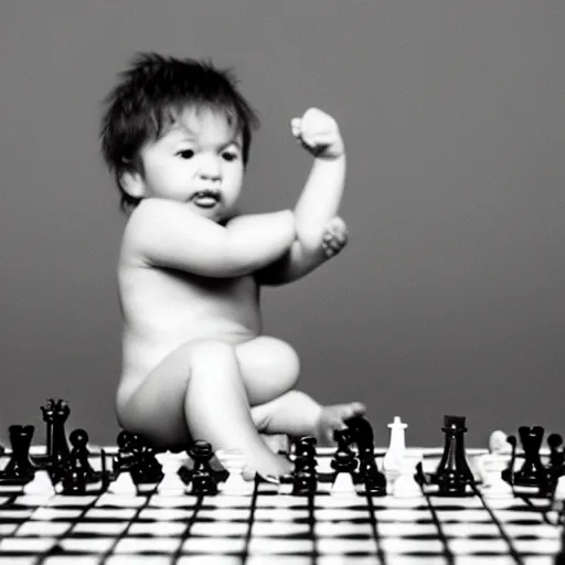 Image similar to black and white portrait photo of a baby scratching his head, looking at a chess board, confused, annie liebovitz,