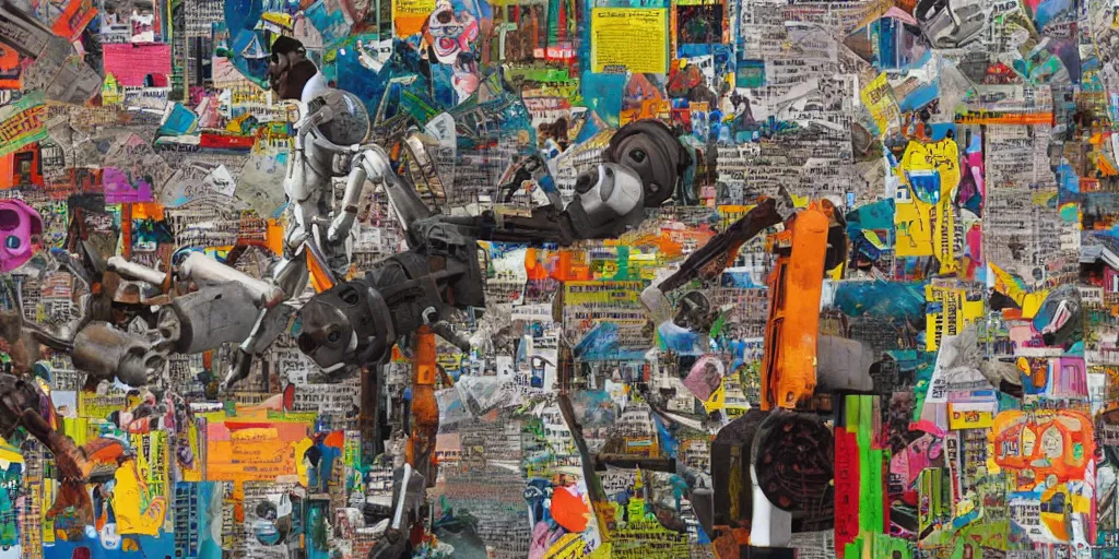 Prompt: colourful giant mecha ROBOT of AJEGUNLE SLUMS of Lagos, writings and markings on robot, magazine collage,