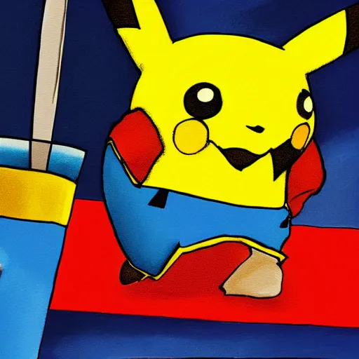 Prompt: painting of Pikachu blasting electricity at a Hanukkah menorah, vibrant, dreidels, digital art