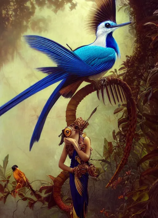 Prompt: hyper realistic paradise flycatcher, refined details, denoised, birds eye view, magical, gems, jewels, gold, steampunk, cyberpunk utopia, painted by tom bagshaw, mucha, gaston bussiere, craig mullins, j. c. leyendecker 8 k