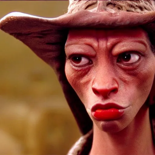 Image similar to film still of jar jar binks as a female cowgirl, long eyeslashes, big juicy lips, big seductive eyes