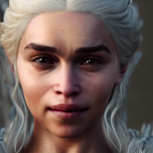 Prompt: close up portrait of daenerys targaryen, happy face, 3 d render, unreal engine, intricate, elegant, 4 k