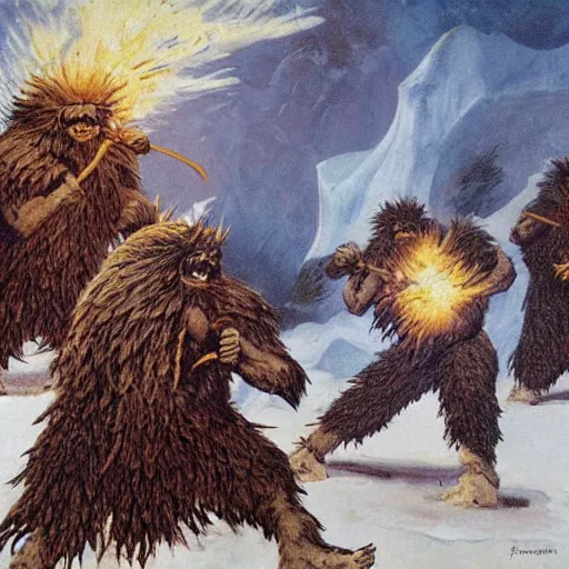 Prompt: yetis hurling flaming pinecones on an underground glacier, dark, blue ice, snow, frank frazetta