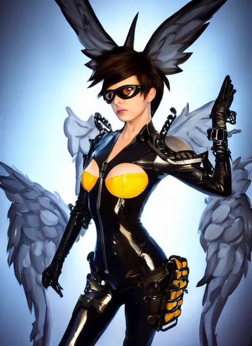 Image similar to full body artwork of tracer overwatch, wearing black latex outfit, in style of mark arian, angel wings, dramatic painting, wearing detailed leather collar, black shiny armor, chains, black harness, detailed face and eyes,