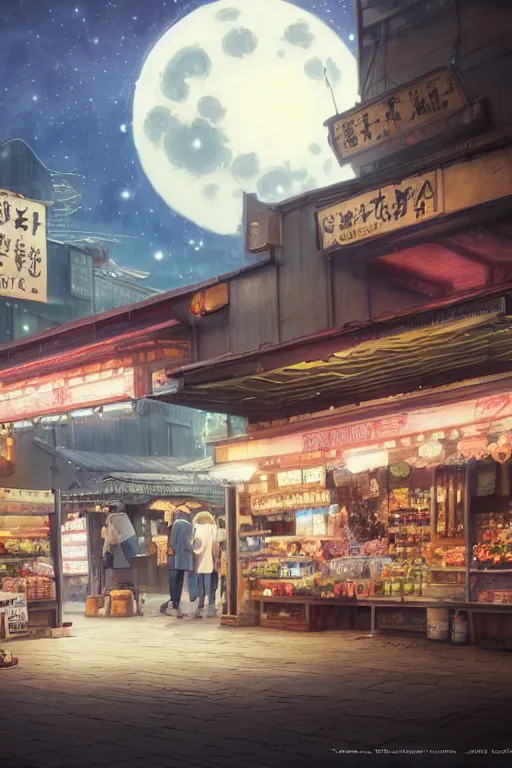 Prompt: a highly detailed matte painting of a single market stall with a sign under the moon and stars by studio ghibli, makoto shinkai, by artgerm, by wlop, by greg rutkowski, volumetric lighting, octane render, 4 k resolution, trending on artstation, masterpiece