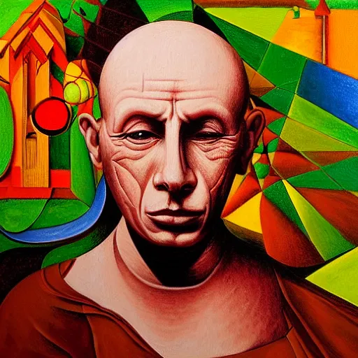 Prompt: 2 1 st century monk, silent, no talking, paranoia, symmetrical, concept art, intricate detail, volumetric shadows and lighting, psychedelic colors, vibrant, realistic oil painting by pabslo picasso