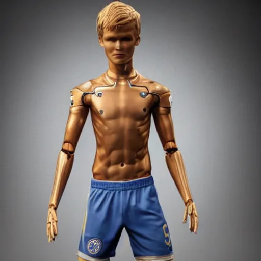 Image similar to a realistic detailed photo of a guy who is an attractive humanoid who is half robot and half humanoid, who is a male android, soccer player martin ødegaard, shiny skin, posing like a statue, blank stare, in a living room, on display, showing off his muscles