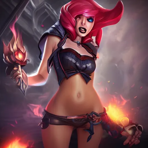 Image similar to miss fortune league of legends, horrifying, angry, evil, realistic, full body portrait