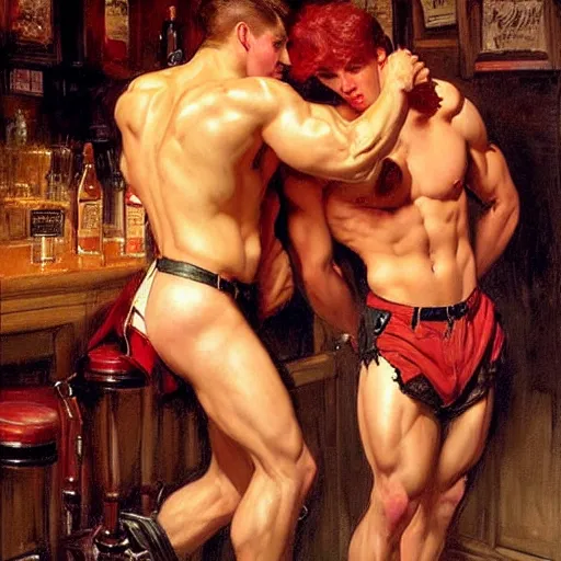 Image similar to attractive muscular male with red hair and muscular attractive male with black hair, drinking their hearts out, in a pub. very defined and highly detailed painting by j. c. leyendecker, gaston bussiere, craig mullins 8 k