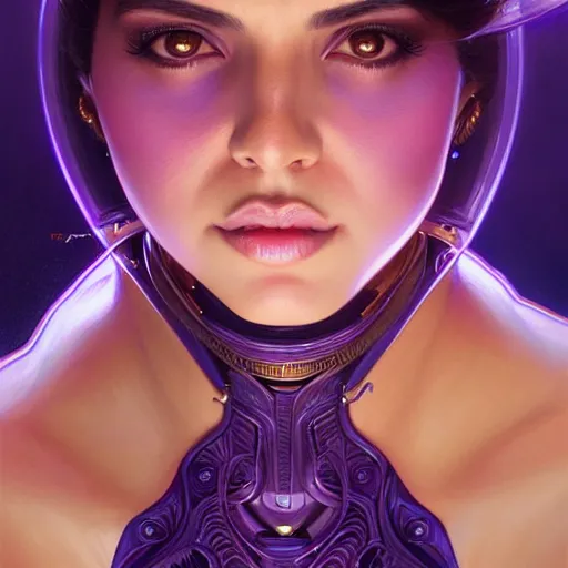 Image similar to Portrait of very very very very very very beautiful Latina woman, spacesuit, purple eyes, intricate, elegant, highly detailed, digital painting, artstation, concept art, smooth, sharp focus, illustration, art by artgerm and greg rutkowski and alphonse mucha