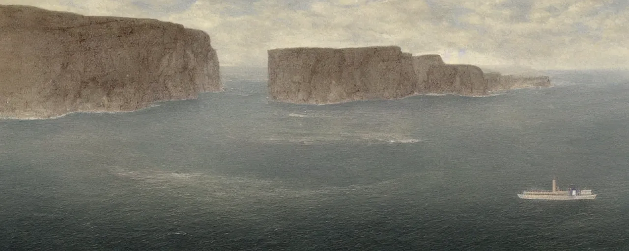 Image similar to cruise ship colossus near misty black cliffs over steamy water by Fernand Khnopff, matte painting