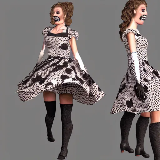 Prompt: A Marvelous Designer render of a cow costume with Holstein print fabric. Ruched bodice, puff sleeves, skater skirt, hooved go-go boots.