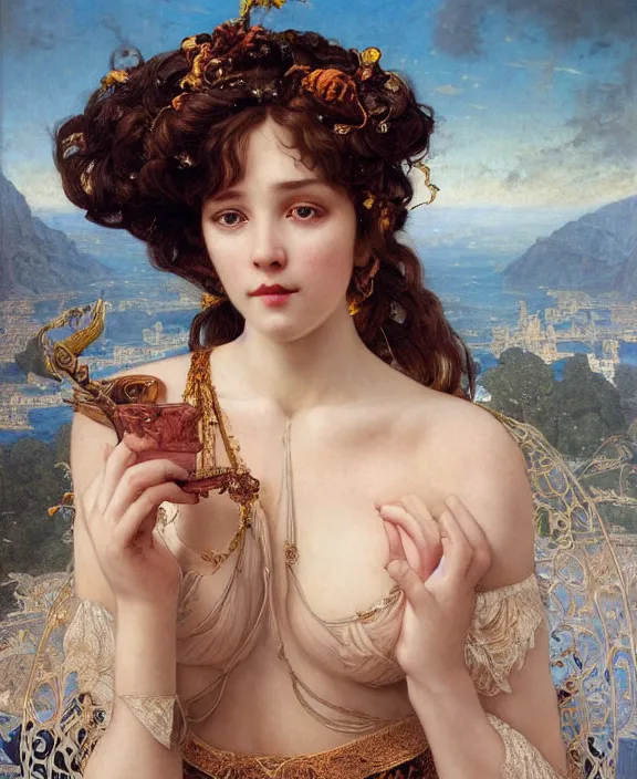 Image similar to a goddess, paint background, intricate and detailed lace set, suspenders, honey birdette, realistic renaissance portrait, highly detailed, digital painting, artstation, concept art, smooth, sharp focus, cinematic lighting, art by john collier, artgerm and greg rutkowski and alphonse mucha and jacques louis david and john william godward