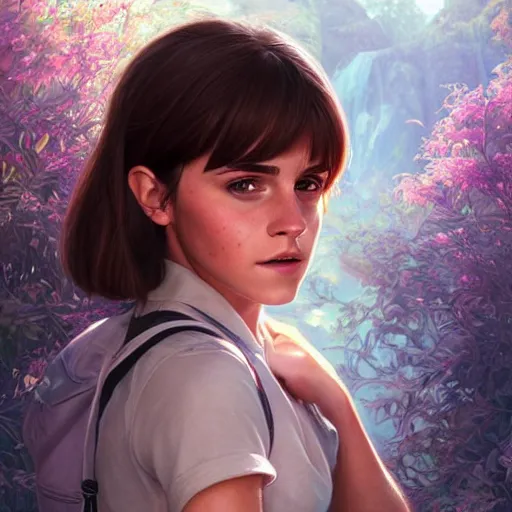 Prompt: ultra realistic illustration, emma watson as dora the explorer anime, intricate, elegant, highly detailed, digital painting, artstation, concept art, smooth, sharp focus, illustration, art by artgerm and greg rutkowski and alphonse mucha and wlop