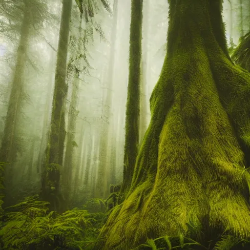 Prompt: pacific northwest rain forest, green, brown, realistic, monster hidden in background, photograph, twilight, fog