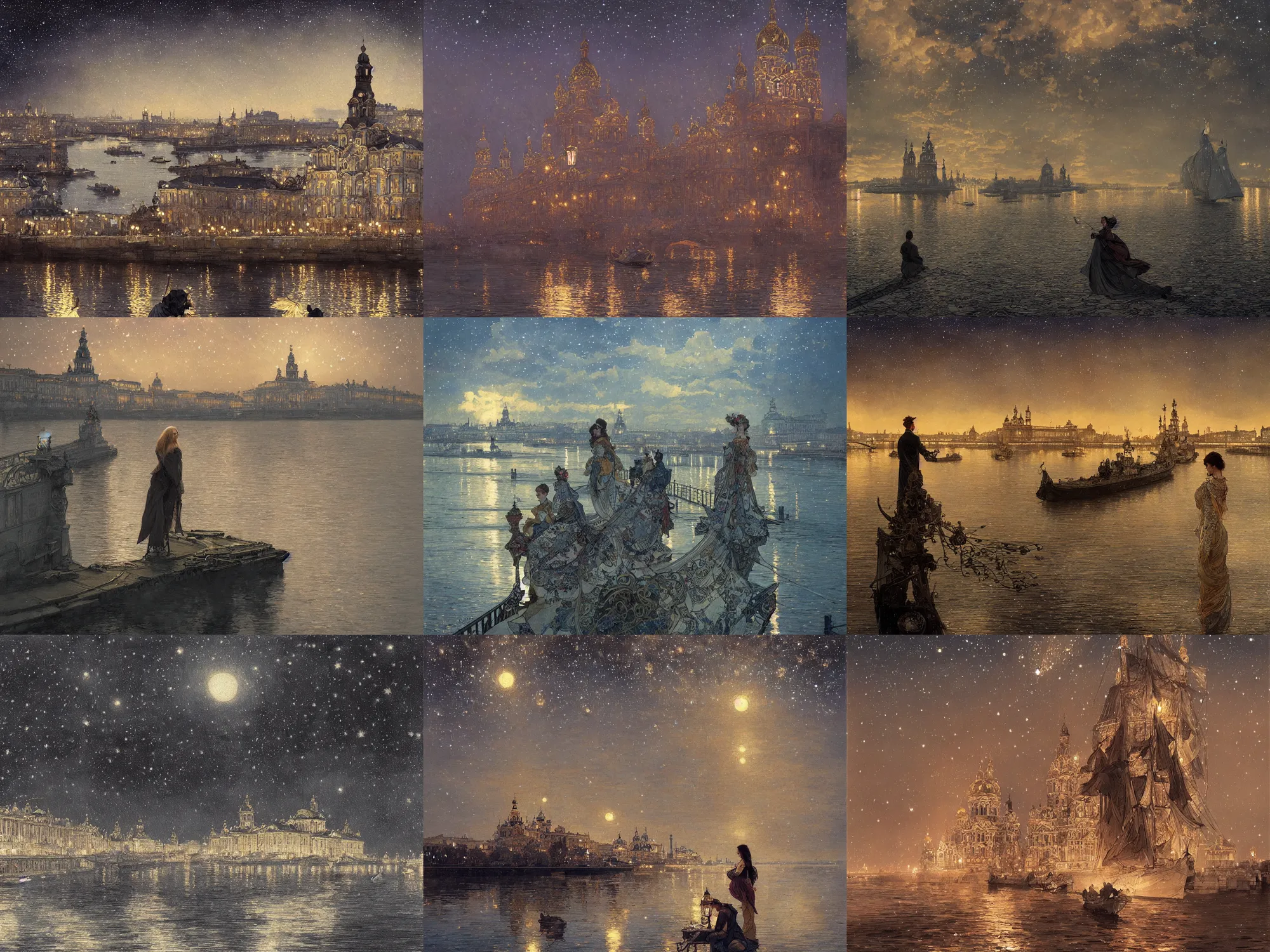 Prompt: a view from the neva river in saint petersburg at night with the sky full of stars, intricate, elegant, highly detailed, digital painting, artstation, concept art, smooth, sharp focus, colored illustration for tattoo, art by krenz cushart and artem demura and alphonse mucha