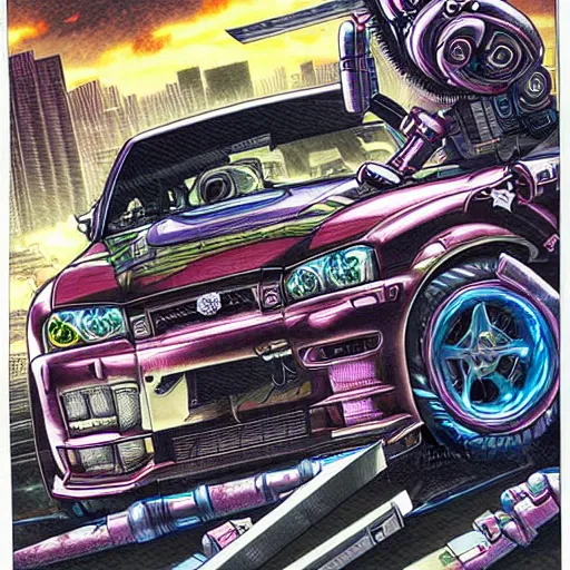 Image similar to beautiful hyper-detailed full colour manga illustration of an evil robot with a sword, slicing a Nissan skyline r34, cyberpunk, car wreck, neon