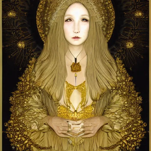 Prompt: a beautiful girl made of ivory and gold, highly intricate, digital art, very detailed, in the style of a weird and dark art noveau flemish painting, foggy